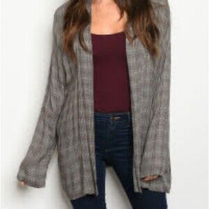 Gray Checkered Open Front Cardigan L